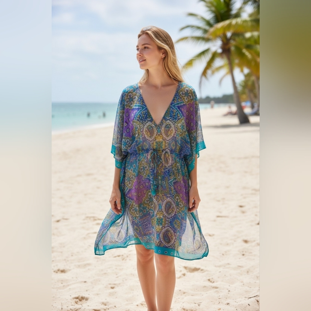 Exotuc BEACH COVERUP Turqouise Mirror Sequins PLUS SIZE One Size Paisely Gypsy